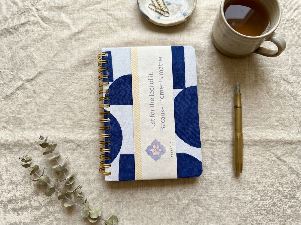 Wire-bound A6 pocket journal with a hand block printed fabric cover, made in Rajasthan