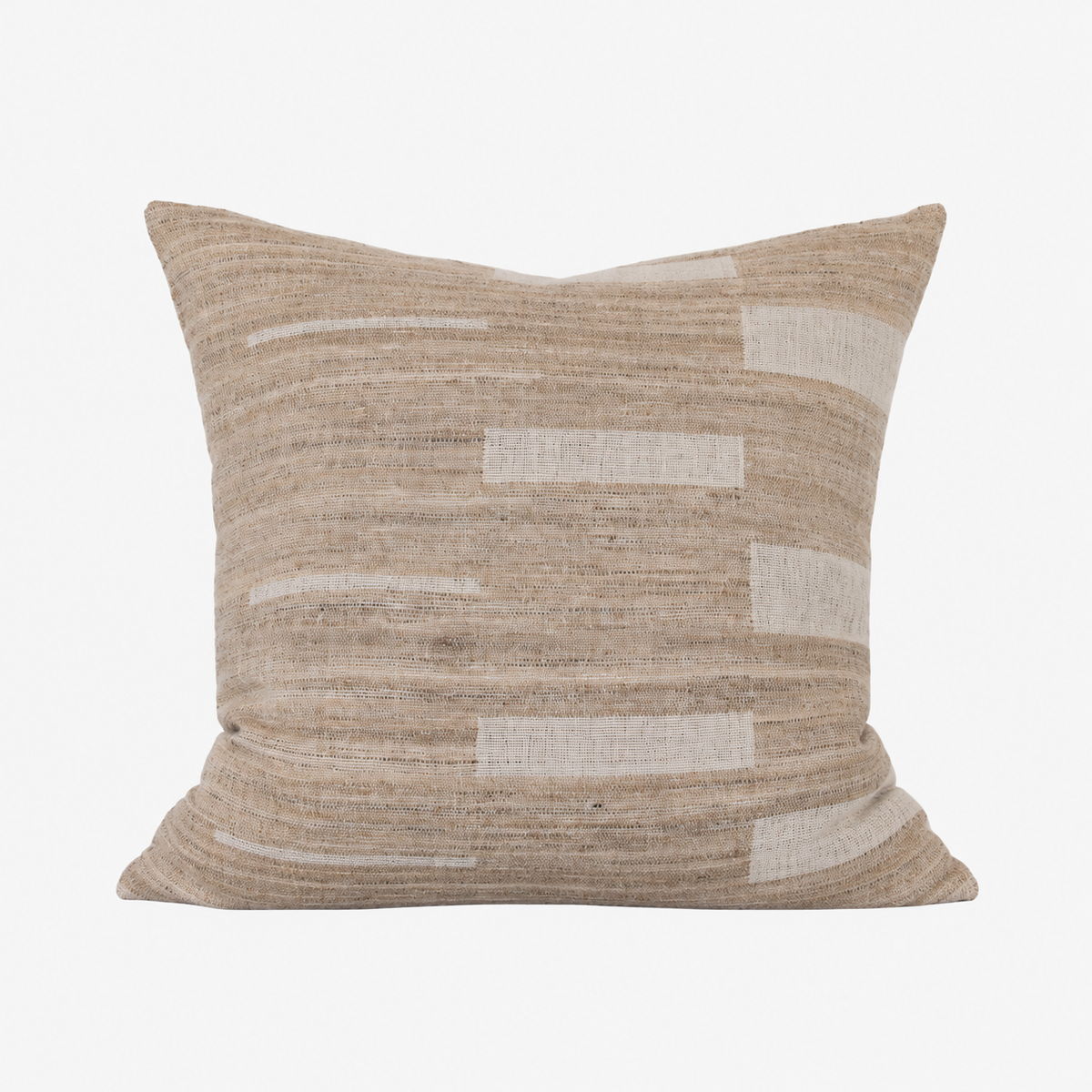 Diwan handwoven wool and silk cushion in Montecito, 20 × 20 in: ivory blocks on taupe and sand