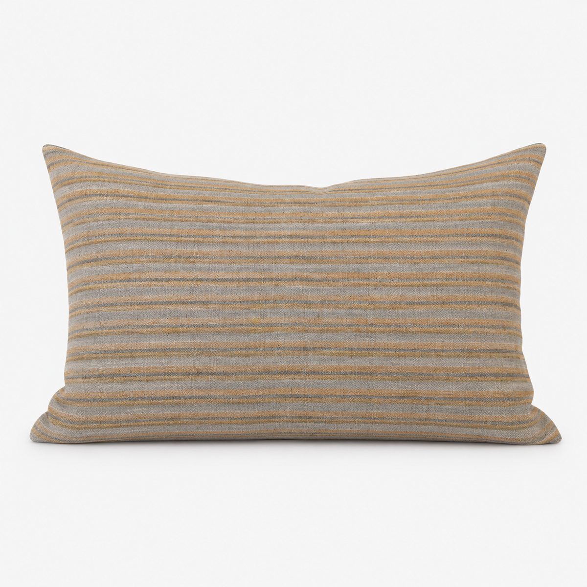 Del Mar Stripe hand block printed linen lumbar cover, 12 × 20 in: blue and grey stripes
