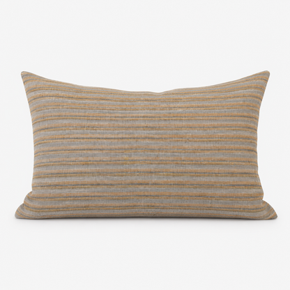 Del Mar Stripe hand block printed linen lumbar cover, 12 × 20 in: blue and grey stripes