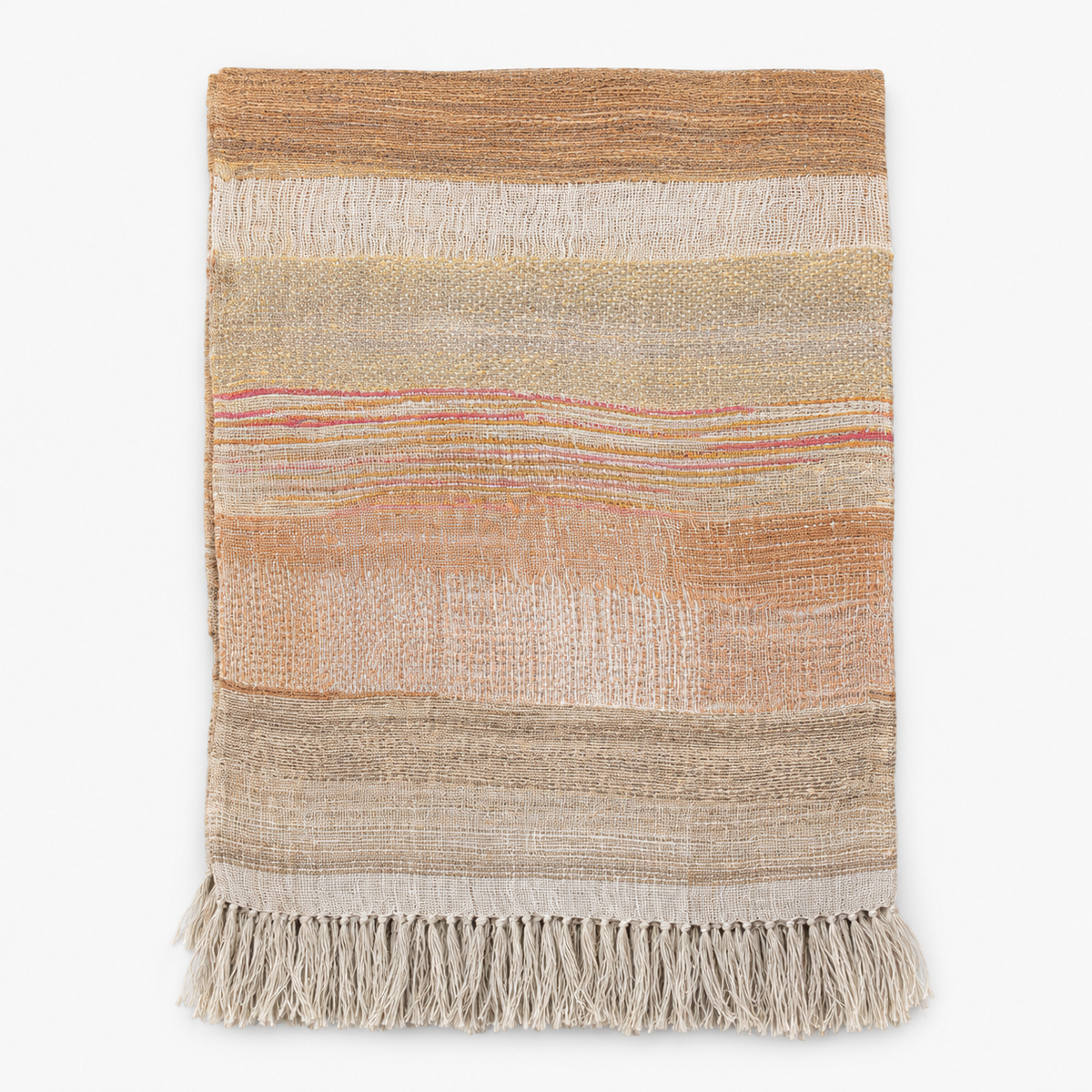 Handwoven linen and silk throw with fringe, striped in beige, brown and soft pink