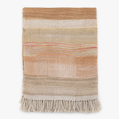 Handwoven linen and silk throw with fringe, striped in beige, brown and soft pink