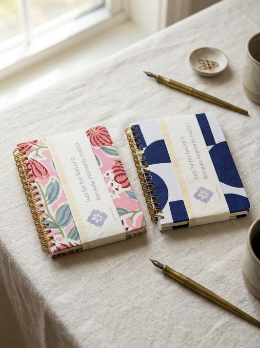 Wire-bound A6 pocket journal with a hand block printed fabric cover, made in Rajasthan
