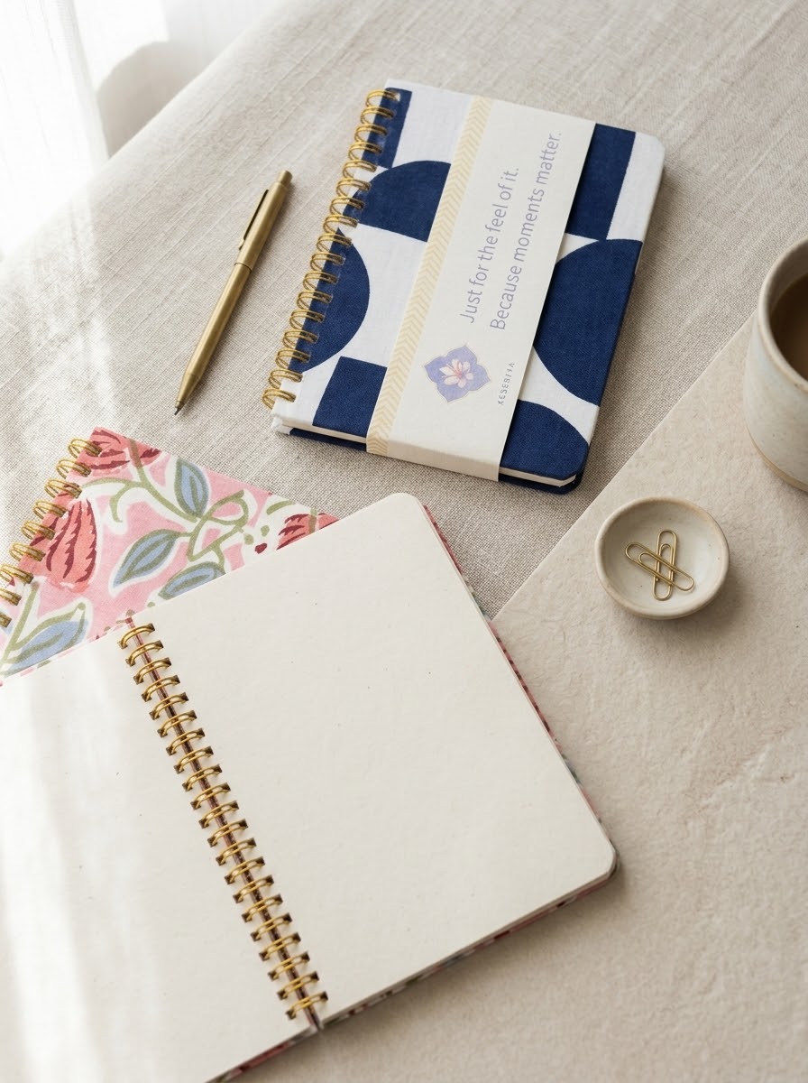 Wire-bound A6 pocket journal with a hand block printed fabric cover, made in Rajasthan