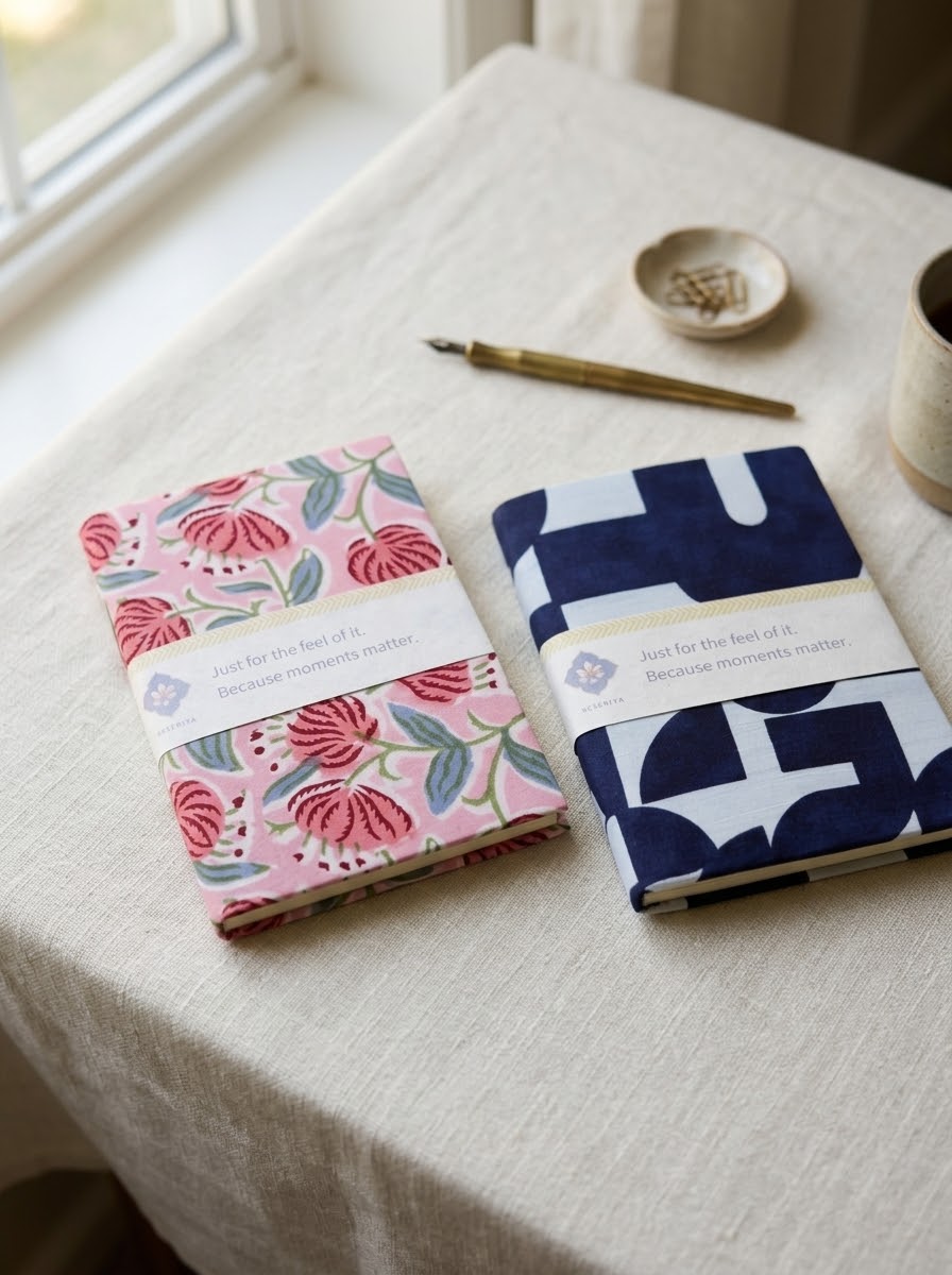 Hand-stitched A5 journal with a hand block printed fabric cover, made in Rajasthan