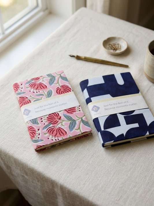 Hand-stitched A5 journal with a hand block printed fabric cover, made in Rajasthan