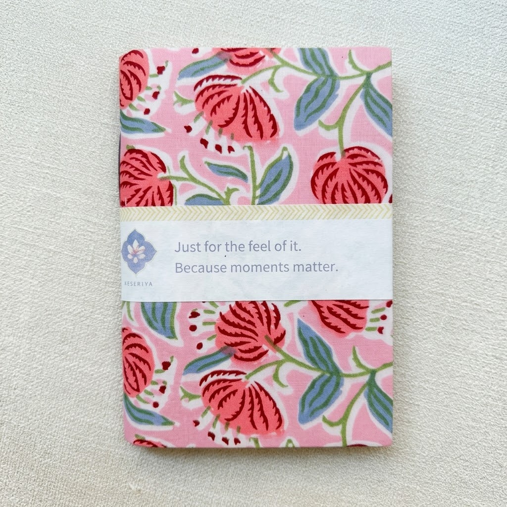 Hand-stitched A5 journal in Gulabi Bloom, a pink hand block printed fabric cover