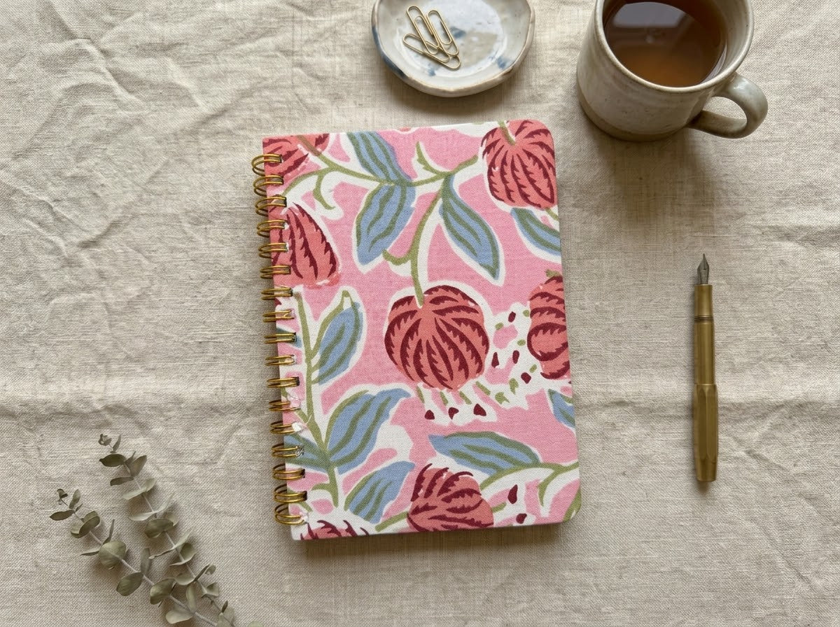Wire-bound A6 pocket journal with a hand block printed fabric cover, made in Rajasthan