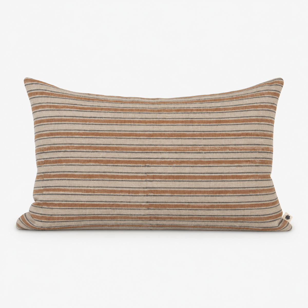 Ojai Stripe hand block printed linen lumbar cover, 12 × 20 in: rust and grey stripes on cream