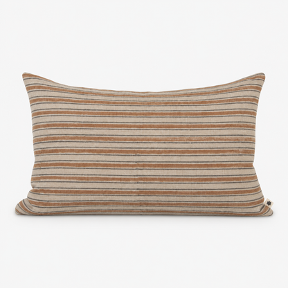 Ojai Stripe hand block printed linen lumbar cover, 12 × 20 in: rust and grey stripes on cream