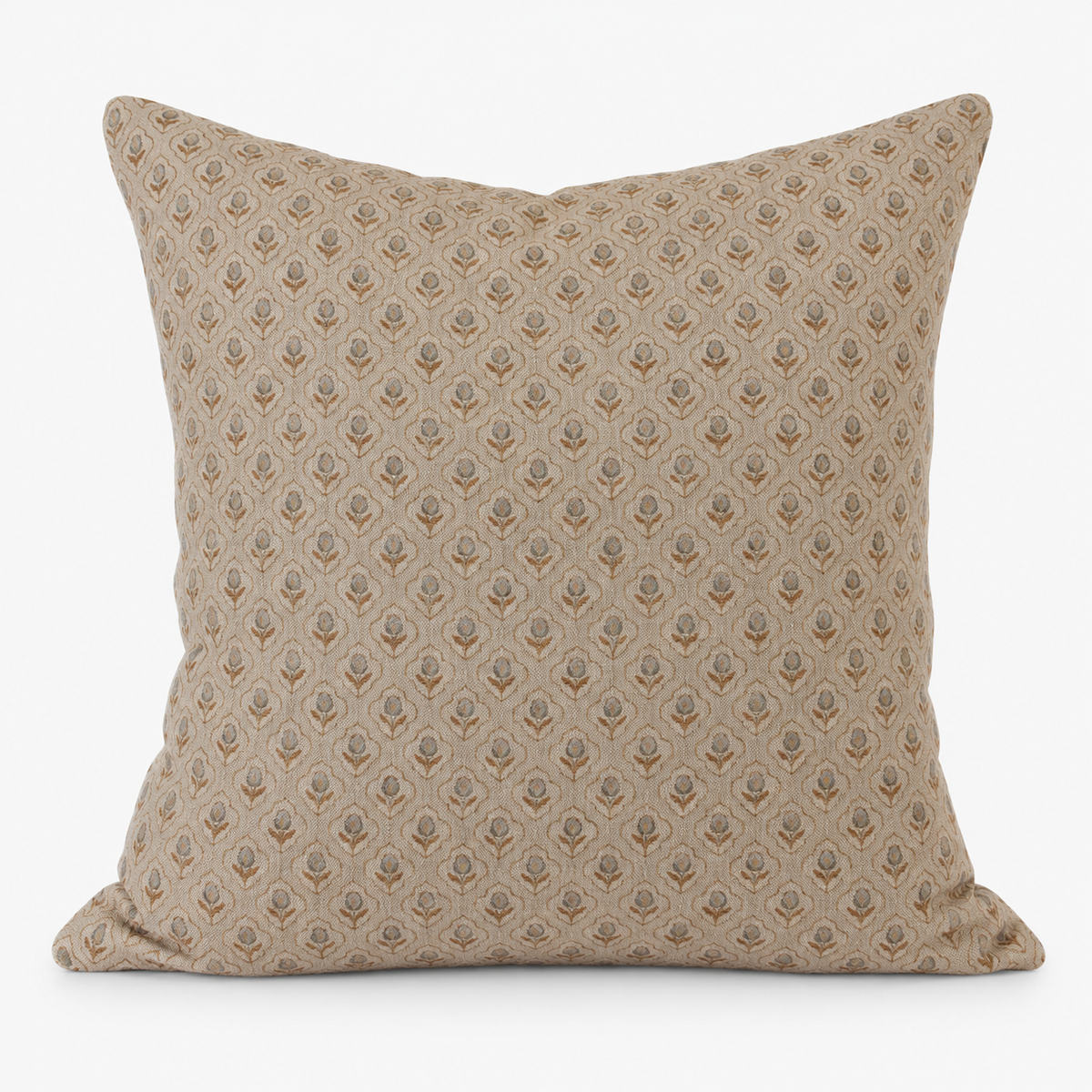 Montecito Blossom hand block printed linen cushion cover: olive and blue buds set in arches