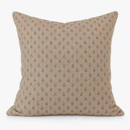 Montecito Blossom hand block printed linen cushion cover: olive and blue buds set in arches