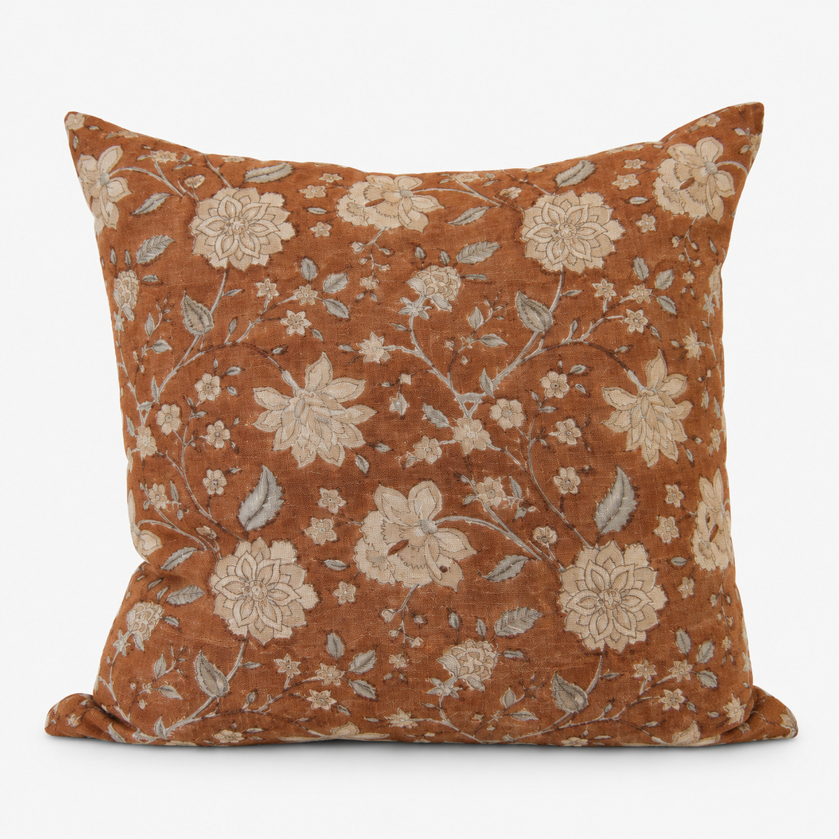 Laguna Garden hand block printed linen cushion cover: white flowers on a caramel ground