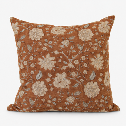 Laguna Garden hand block printed linen cushion cover: white flowers on a caramel ground