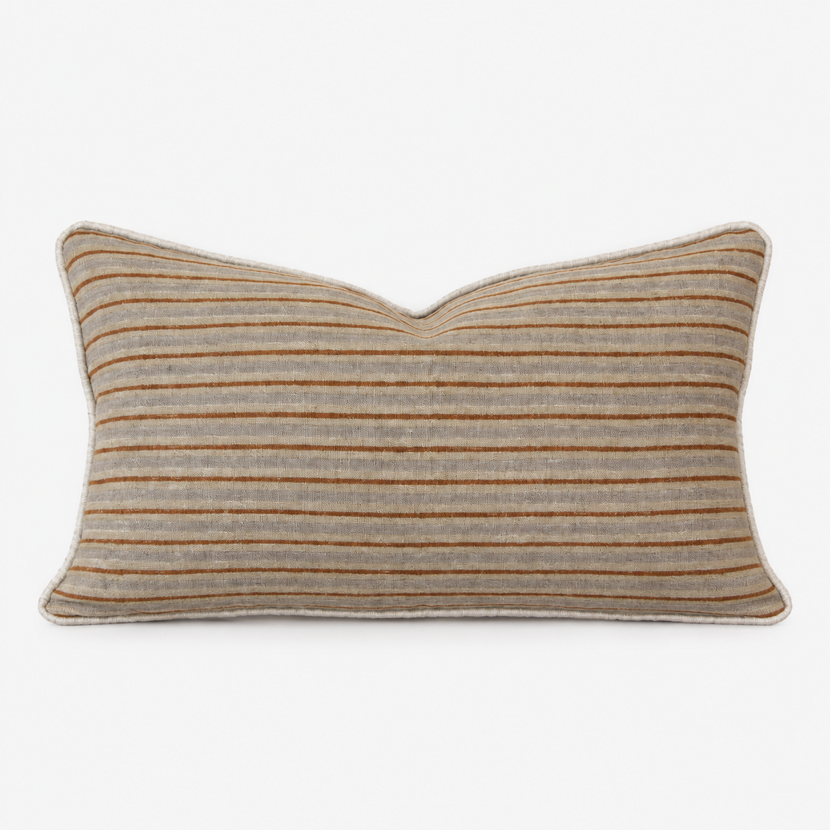 Montecito Stripe hand block printed linen lumbar cover, 12 × 20 in: rust stripes on sage