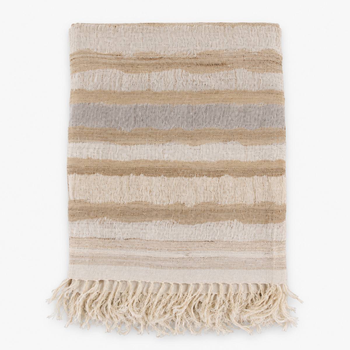 Handwoven linen and silk throw with fringe, striped in beige, cream and light grey