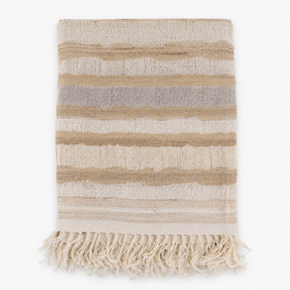 Handwoven linen and silk throw with fringe, striped in beige, cream and light grey