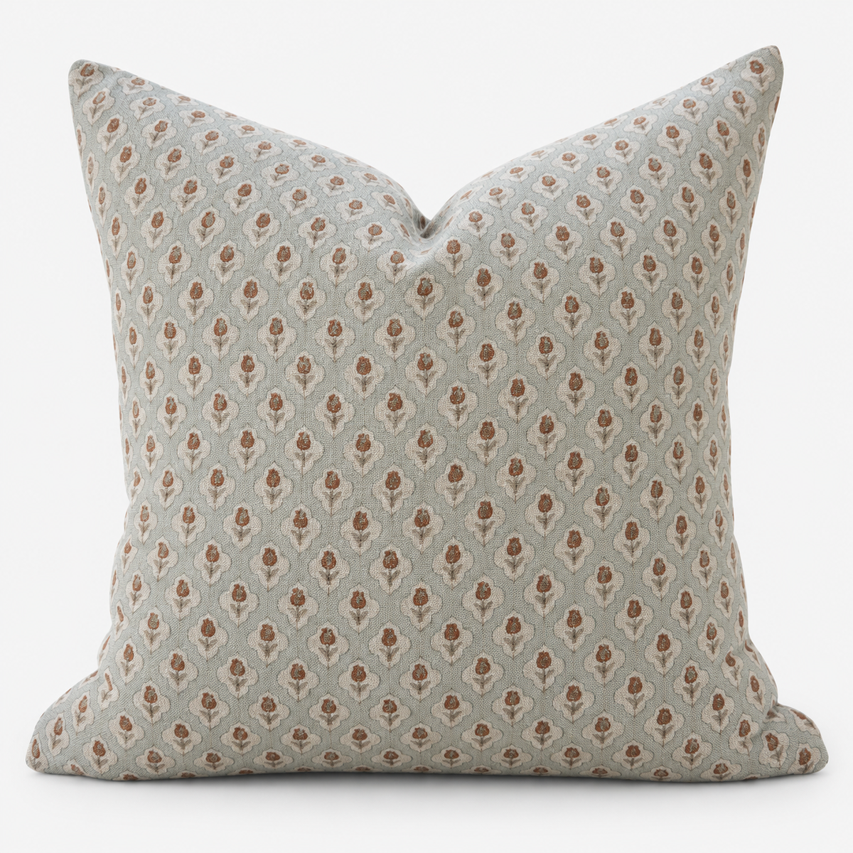 Del Mar Blossom hand block printed linen cushion cover: small rust and cream flowers on sage green