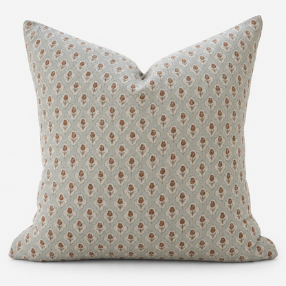 Del Mar Blossom hand block printed linen cushion cover: small rust and cream flowers on sage green