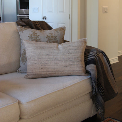 Diwan wool and silk throw in Tahoe with a handwoven lumbar cushion and a hand block printed cushion cover