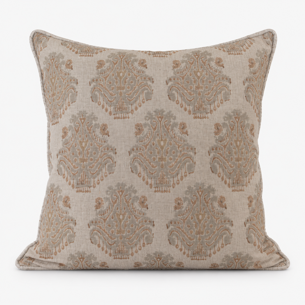 Montecito Medallion hand block printed linen cushion cover: grey and rose medallions, finished with solid piping