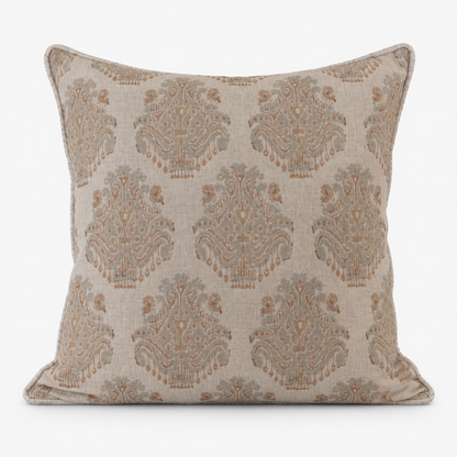 Montecito Medallion hand block printed linen cushion cover: grey and rose medallions, finished with solid piping