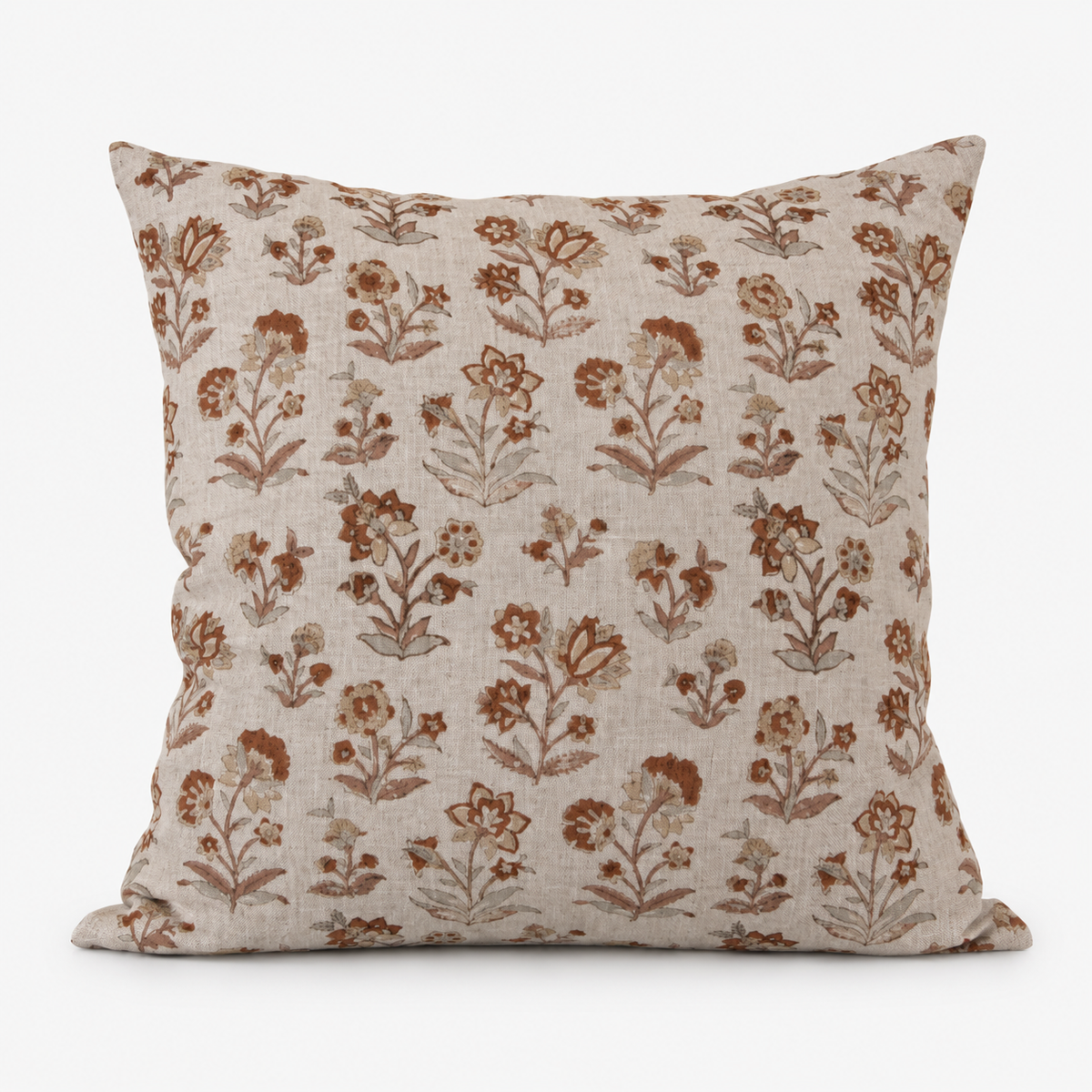 Ojai Poppy hand block printed linen cushion cover: rust flowering stems on natural linen
