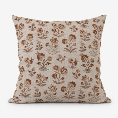 Ojai Poppy hand block printed linen cushion cover: rust flowering stems on natural linen