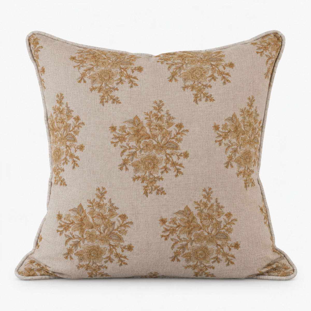 Carmel Bouquet hand block printed linen cushion cover: gold and sage bouquets, finished with solid piping